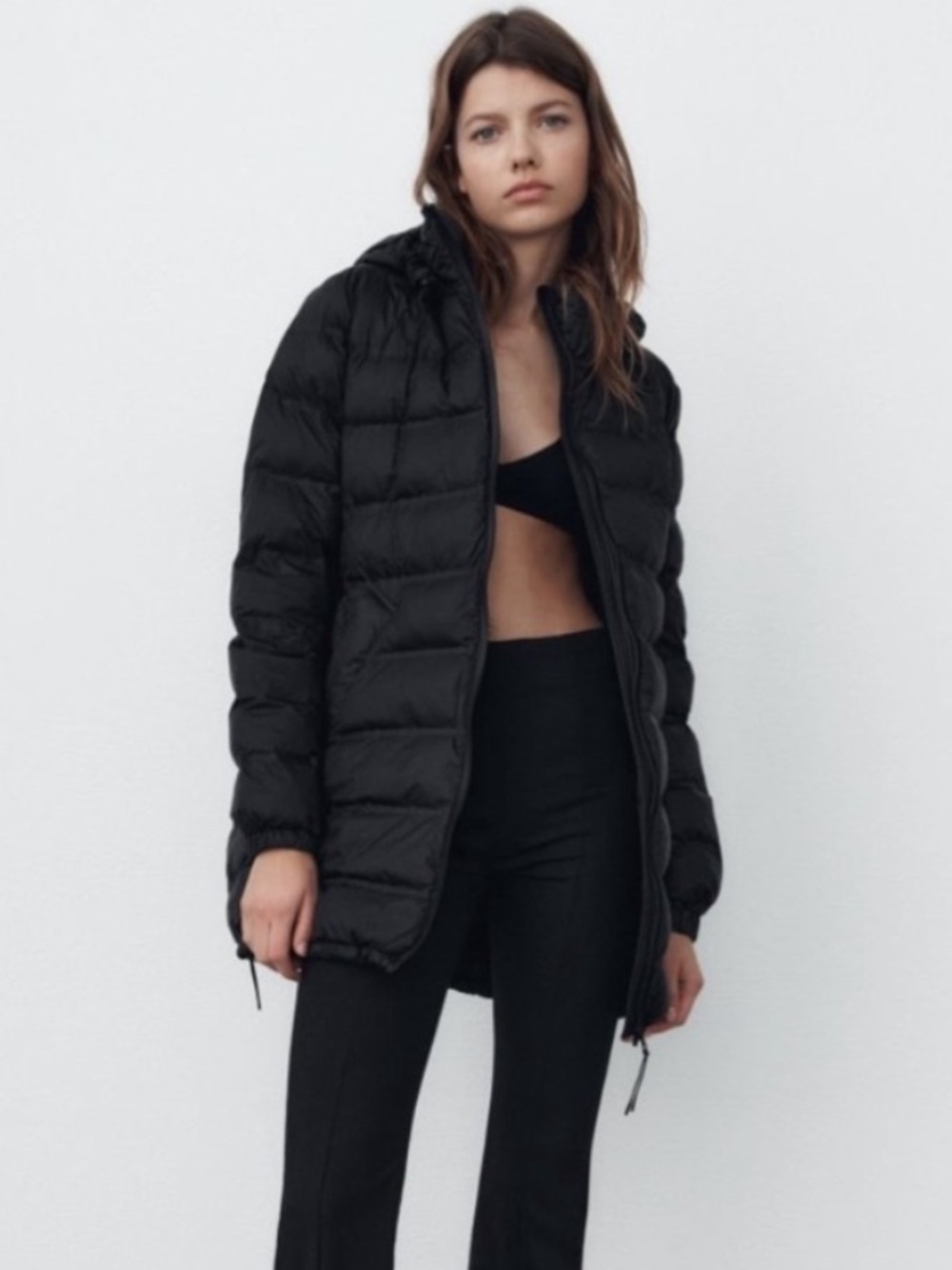 ZARA Water-Repellent Packaway Puffer Long Coat XXL Hooded Black Lightweight